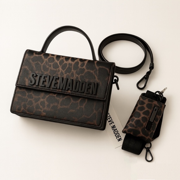 Steve Madden Leopard Accordion Crossbody Top Handle Bag + Pouch Animal Print - Picture 1 of 9